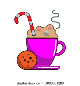 Сup of hot chocolate or cocoa drink with chocolate chip cookie, candy cane and marshmallows. Flat vector illustration. Image for fast food restaurant menu, cafe, sticker, print on t-shirt and other.
