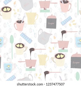 Hot chocolate and hot cocoa ingredients and recipe on cocoa pods seamless vector pattern background. Ideal for kitchenware, home decor, wallpaper, wrapping paper and more.