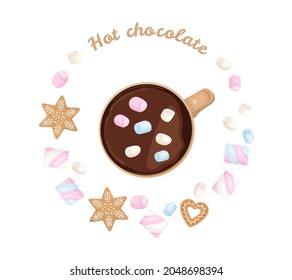Hot chocolate or cocoa with marshmallows in cup and gingerbread cookies. Top view. Vector cartoon flat illustration of hot sweet drink.