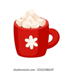 Hot chocolate or cocoa with marshmallows in red mug with snowflake. Christmas drink vector illustration isolated on white background.