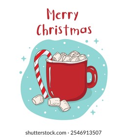 Hot chocolate or cocoa with marshmallows in a red mug with a candy cane. Merry Christmas design with a festive chocolate drink and text for invitations,greeting cards, banners, post for social network