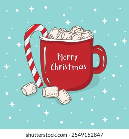 Hot chocolate or cocoa with marshmallows in a red mug with a candy cane. Merry Christmas design with a festive chocolate drink and text for invitations,greeting cards, banners, post for social network