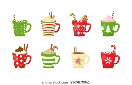 Hot chocolate, cocoa mug, coffee cup, New Year hot drink, Christmas dessert, winter holiday sweet menu. Beverage cozy set. Cartoon vector illustration isolated on white background