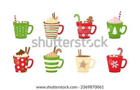 Hot chocolate, cocoa mug, coffee cup, New Year hot drink, Christmas dessert, winter holiday sweet menu. Beverage cozy set. Cartoon vector illustration isolated on white background