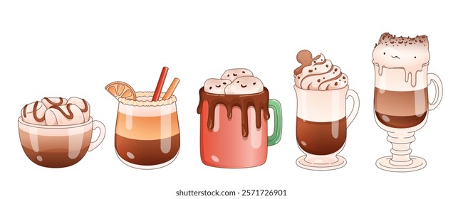 Hot chocolate and coffee beverages in various serving styles - round cup with drizzled whipped cream, citrus garnished glass, ceramic mug with chocolate drip, tall glasses with marshmallow toppings.