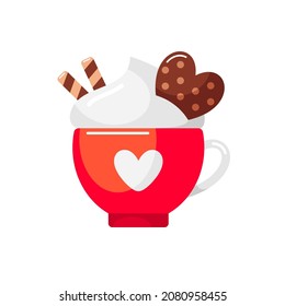 chocolate caliente, café o cacao con crema y galletas. Icono de San Valentín, citas románticas. Tapa roja del vector aislada en fondo blanco