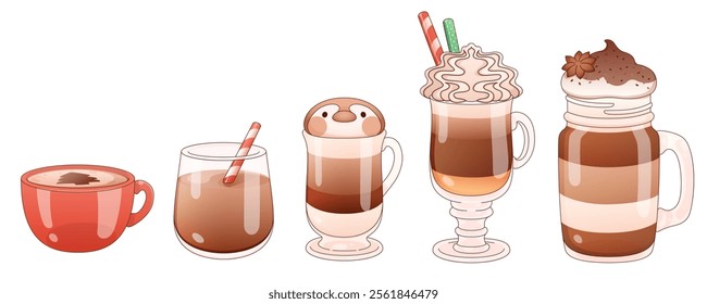 Hot chocolate and coffee drinks collection in various glassware - classic ceramic cup, stemmed latte glass with straw, cute penguin topped beverage, whipped cream frappe, layered mason jar with spice