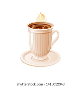 Hot chocolate, coffee or tea cup with steam. Vintage parcelan mug dessert drink icon. Cartoon sweet food element. 3d realistic cocoa symbol. Vector illustration isolated on white background.