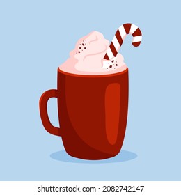 Hot chocolate or coffee with whipped cream and christmas striped candy cane. Vector illustration in flat cartoon style isolated on blue background.