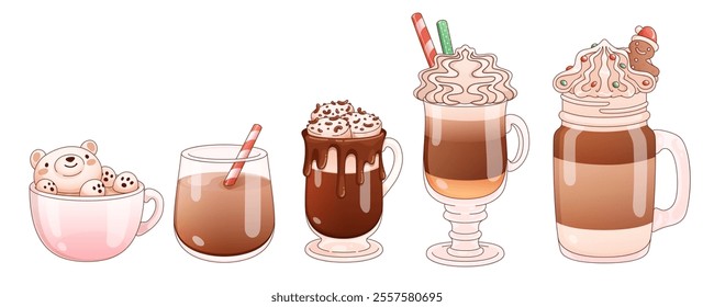 Hot chocolate collection - cute bear marshmallow drink, creamy beverage with straw, whipped cream topped cocoa, layered mocha shake with foam, gingerbread decorated glass. Cozy winter beverages.