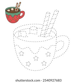 Hot chocolate coloring pages for kids. Trace and color Hot chocolate. Hot chocolate drink winter season isolated on white background. Kindergarten and preschool worksheets printable for kids. 