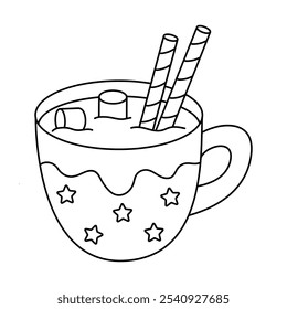 Hot chocolate coloring pages for kids. Trace and color Hot chocolate. Hot chocolate drink winter season isolated on white background. Kindergarten and preschool worksheets printable for kids. 