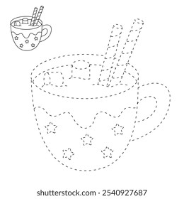 Hot chocolate coloring pages for kids. Trace and color Hot chocolate. Hot chocolate drink winter season isolated on white background. Kindergarten and preschool worksheets printable for kids. 