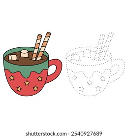 Hot chocolate coloring pages for kids. Trace and color Hot chocolate. Hot chocolate drink winter season isolated on white background. Kindergarten and preschool worksheets printable for kids. 