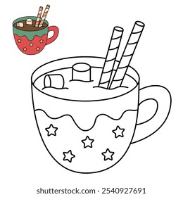 Hot chocolate coloring pages for kids. Trace and color Hot chocolate. Hot chocolate drink winter season isolated on white background. Kindergarten and preschool worksheets printable for kids. 