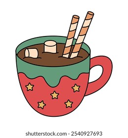 Hot chocolate coloring pages for kids. Trace and color Hot chocolate. Hot chocolate drink winter season isolated on white background. Kindergarten and preschool worksheets printable for kids. 