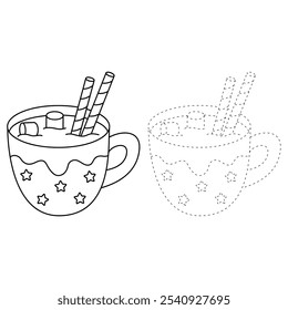 Hot chocolate coloring pages for kids. Trace and color Hot chocolate. Hot chocolate drink winter season isolated on white background. Kindergarten and preschool worksheets printable for kids. 