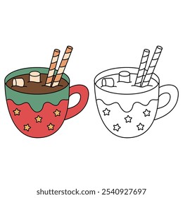 Hot chocolate coloring pages for kids. Trace and color Hot chocolate. Hot chocolate drink winter season isolated on white background. Kindergarten and preschool worksheets printable for kids. 