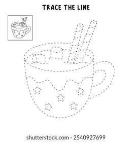 Hot chocolate coloring pages for kids. Trace and color Hot chocolate. Hot chocolate drink winter season isolated on white background. Kindergarten and preschool worksheets printable for kids. 