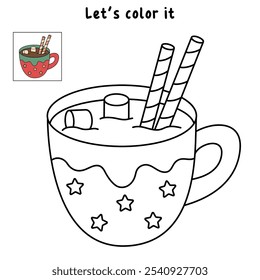 Hot chocolate coloring pages for kids. Trace and color Hot chocolate. Hot chocolate drink winter season isolated on white background. Kindergarten and preschool worksheets printable for kids. 