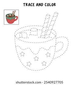 Hot chocolate coloring pages for kids. Trace and color Hot chocolate. Hot chocolate drink winter season isolated on white background. Kindergarten and preschool worksheets printable for kids. 