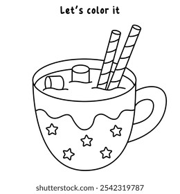 Hot chocolate coloring pages for kids. Trace and color Hot chocolate. Hot chocolate drink winter season isolated on white background. Kindergarten and preschool worksheets printable for kids. 