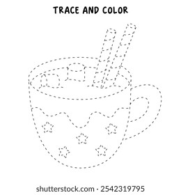 Hot chocolate coloring pages for kids. Trace and color Hot chocolate. Hot chocolate drink winter season isolated on white background. Kindergarten and preschool worksheets printable for kids. 