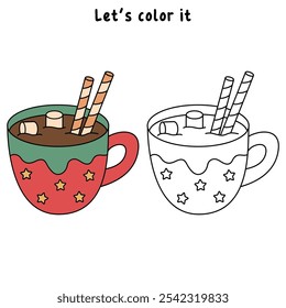 Hot chocolate coloring pages for kids. Trace and color Hot chocolate. Hot chocolate drink winter season isolated on white background. Kindergarten and preschool worksheets printable for kids. 