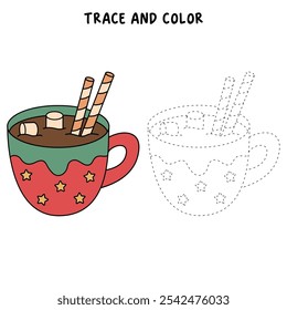 Hot chocolate coloring pages for kids. Trace and color Hot chocolate. Hot chocolate drink winter season isolated on white background. Kindergarten and preschool worksheets printable for kids. 