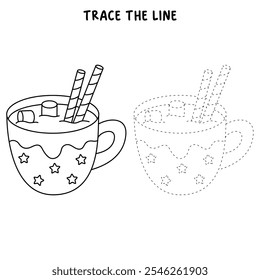 Hot chocolate coloring pages for kids. Trace and color Hot chocolate. Hot chocolate drink winter season isolated on white background. Kindergarten and preschool worksheets printable for kids. 