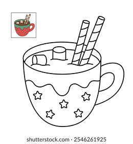 Hot chocolate coloring pages for kids. Trace and color Hot chocolate. Hot chocolate drink winter season isolated on white background. Kindergarten and preschool worksheets printable for kids. 