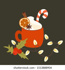 Hot chocolate with cream, cinnamon, citrus and candy. Vector winter illustration.