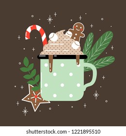 Hot chocolate with cream, gingerbread man and candy cane. Vector winter illustration.