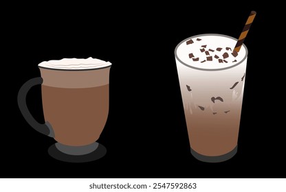 hot chocolate with cream and chocolate ice with chocolate sprinkles. happy, relaxed. black background