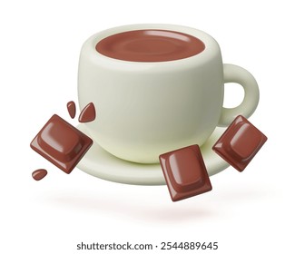 Hot chocolate cup 3d emoji with blocks of dark chocolate. Cocoa drink three dimensional cute realistic vector illustration isolated on white background.