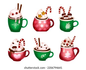 Hot chocolate cup Christmas coffee 3d cartoon vector latte drink set vector