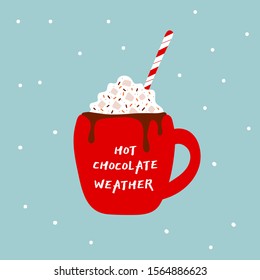 Hot chocolate cup. Christmas drink on winter background. Red mug of cacao to go. Seasonal banner. Colorful vector illustration. Digitally hand drawn. 