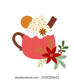 Hot chocolate cup. Christmas drink. Red mug of cacao. Christmas drink vector illustration. red cup of hot drink. Cocoa or coffee decorated with cinnamone sticks