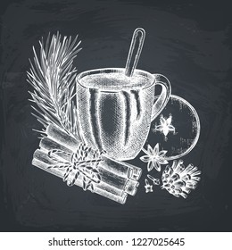 Hot chocolate in a cup. Cinnamon, anise stars, conifers and sweets drawings. Vector beverages and food collection. Hot drinks menu template for confectionery or coffee shop on chalkboard