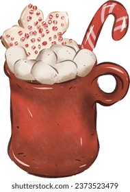 Chocolate caliente. Copa de cacao caliente con malvaviscos para el festival navideño con fondo transparente.
