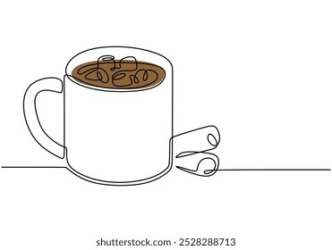 Chocolate quente no desenho de linha contínua da xícara. Conceito de comida e bebida. Ilustração de vetor minimalista isolada no fundo branco.