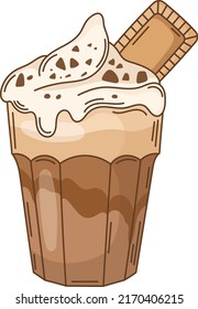 Hot chocolate cup with cookie clipart. Cartoon iced coffee with ice cream vector illustration. Sweet drink in cartoon style