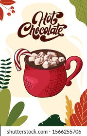 Hot chocolate. Cup of hot drink for christmas menu. Colorful collection. Hand drawn vector illustration.
