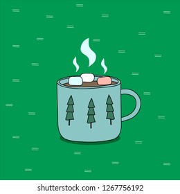 Hot chocolate cup with marshmallow. Cute hand drawn vector illustration. Can be used like design element in tourist printing. 