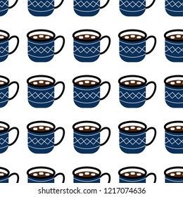 Hot chocolate cup with marshmallows, blue with ornament. Seamless christmas winter pattern. vector illustration.
