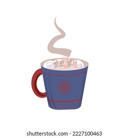 Hot chocolate cup with marshmallows, blue with snowflake ornament. Christmas greeting card design element. Isolated vector illustration.