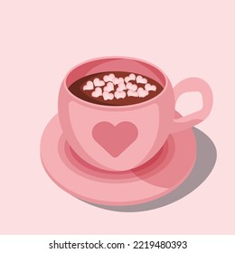 Hot chocolate cup with marshmallows, a pink cup of cocoa with heart ornament. Love greeting card vector illustrations, Isolated design elements