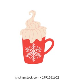 Hot chocolate cup with marshmallows, red with snowflake ornament. Christmas greeting card design element.