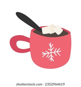 Hot chocolate cup with marshmallows, red with snowflake ornament. Christmas greeting card design element. Isolated vector illustration.