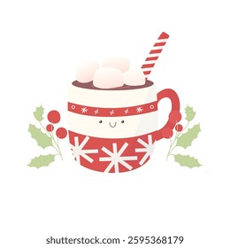 Hot chocolate cup with marshmallows, red with snowflake ornament. Christmas greeting card design element. Isolated vector illustration.